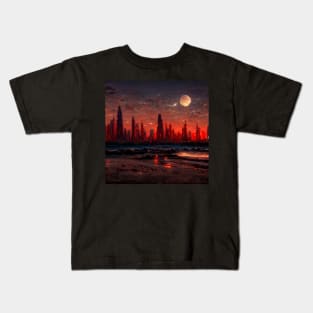 red sanded beach with a skyline that has a futuristic city Kids T-Shirt